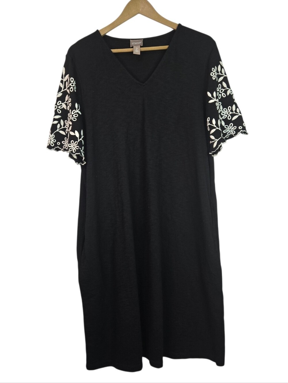 Chico's Size 2 Black Cotton V-neck Midi Dress, White Embroidery Short Sleeves - Picture 1 of 12